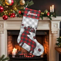 Rustic Plaid Holiday Stocking, Buffalo Plaid Reindeer Christmas Stocking, Personalized Christmas Stocking, Custom Family Fireplace Decor