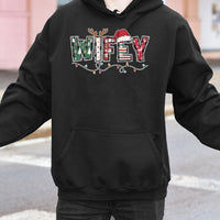 Festive Holiday Lights Graphic Hoodie, Wifey Christmas Hoodie, Newlywed Wife Xmas Hooded Sweatshirt, Comfy Winter Pullover Hoodie for Her