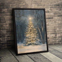 Snowy Winter Forest Poster, Christmas Tree Wall Art, Glowing Holiday Lights Print, Festive Printable Art, Winter Digital Download