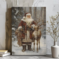 Snowy Forest Reindeer Canvas Wall Art, Vintage Santa Claus Canvas Print, Rustic Christmas Canvas Decor, Holiday Season Fine Art Present