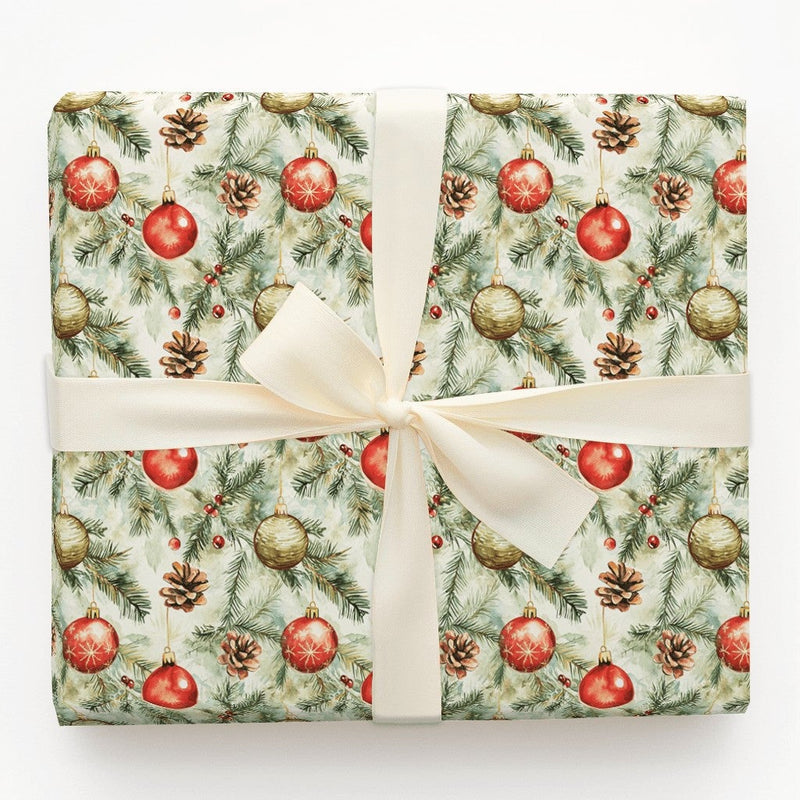 Pinecone and Berry Gift Wrap, Watercolor Ornament Christmas Wrapping Paper, Vintage Holiday Wrapping Paper, Rustic Pine Gift Wrap Roll