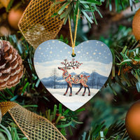 Snowy Winter Ceramic Christmas Ornament, Folk Art Reindeer Heart Ornament, Rustic Woodland Tree Decor, Animal Lover Holiday Keepsake
