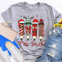 Adorable Pencil Holiday T-Shirt, Personalized Teacher Christmas Shirt, Custom Teacher Tee, Festive School Graphic Shirt, Holiday Teacher Present