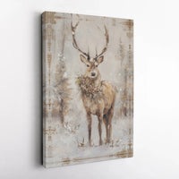 Christmas Wreath Snowy Forest Wall Art, Rustic Winter Deer Canvas, Holiday Farmhouse Deer Canvas Print, Country Home Holiday Decor