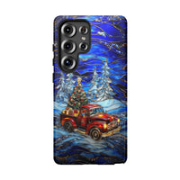 Stained Glass Winter Phone Case, Christmas Red Truck Samsung Galaxy Case, Vintage Pickup Tough Galaxy Case, Holiday Phone Cover