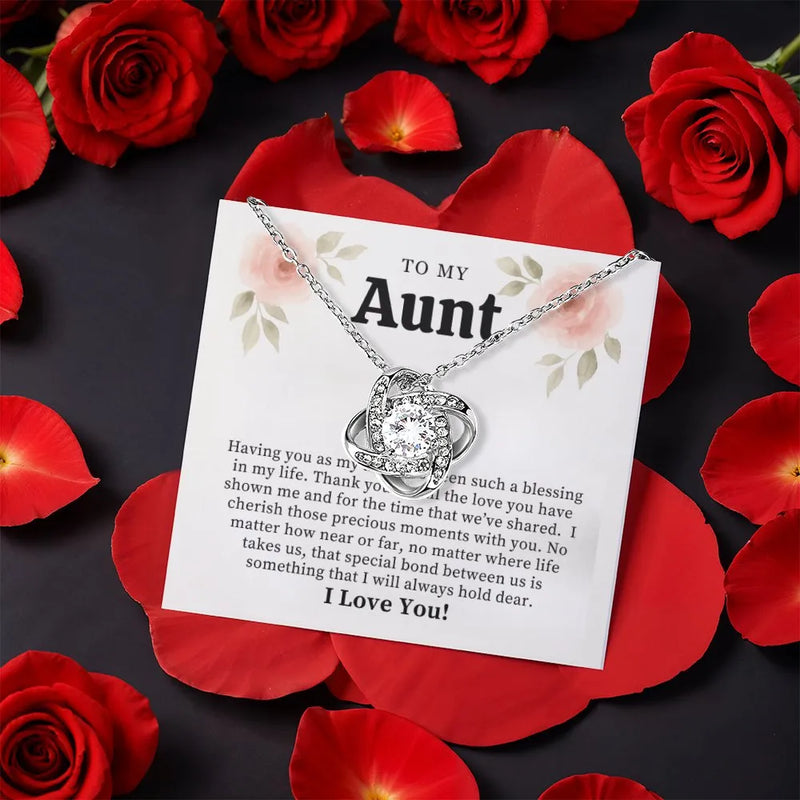 Heartfelt Message Card Necklace, Aunt Love Knot Necklace, CZ Crystal Pendant Necklace, Gold Finish Aunt Jewelry, Birthday or Christmas Present