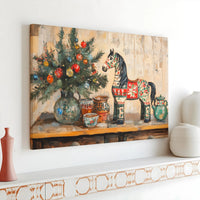 Scandinavian Folk Art Canvas Print, Dala Horse Canvas Wall Art, Nordic Horse Canvas, Festive Christmas Wall Decor, Folk Art Lover Present