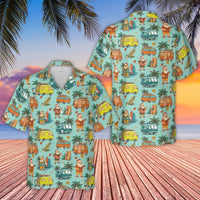 Tropical Christmas Camper Van Aloha Shirt, Surfing Santa Hawaiian Shirt, Humorous Holiday Short Sleeve Shirt, Summer Beach Xmas Present for Men