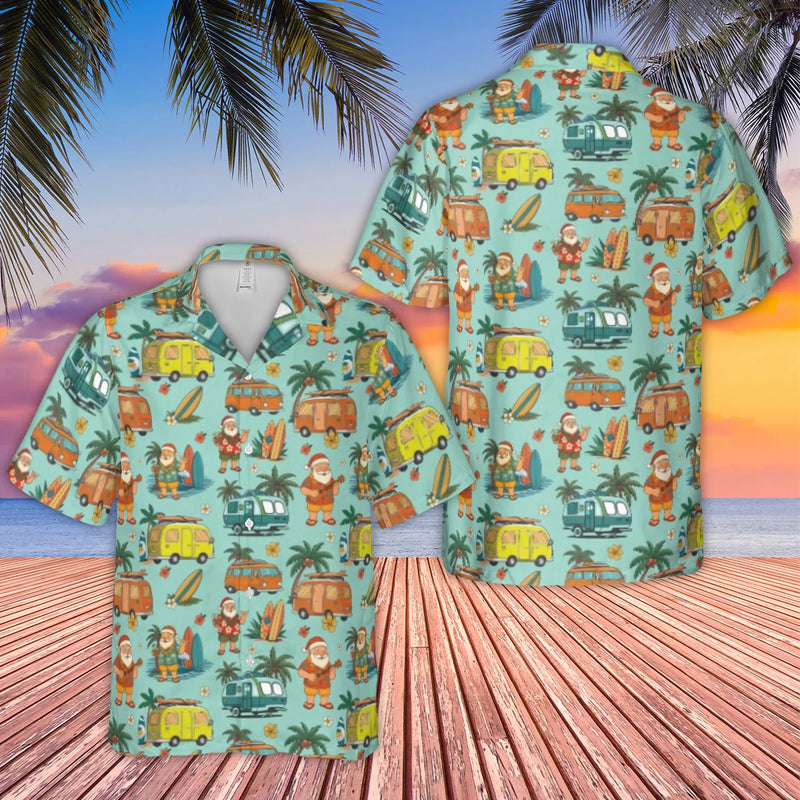Tropical Christmas Camper Van Aloha Shirt, Surfing Santa Hawaiian Shirt, Humorous Holiday Short Sleeve Shirt, Summer Beach Xmas Present for Men