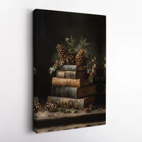Winter Pine Cone Holly Still Life Print, Rustic Vintage Book Stack Canvas Art, Comfy Christmas Wall Decor, Bookish Holiday Canvas Present