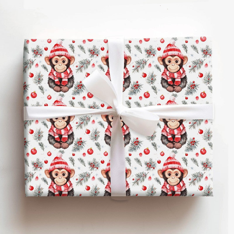 Watercolor Animal Holiday Gift Wrap, Adorable Christmas Monkey Wrapping Paper, Winter Hat Monkey Wrapping Paper, Festive Pine Berry Gift Wrap