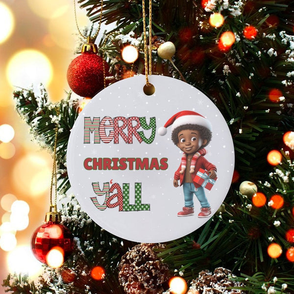 Adorable Black Boy Holiday Tree Ornament, Merry Christmas Y'all Ceramic Ornament, Festive Southern Christmas Ornament, Holida