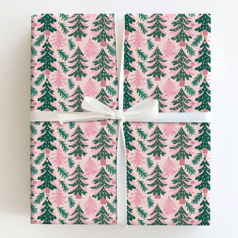 Modern Whimsical Holiday Gift Wrap, Pink and Green Christmas Tree Wrapping Paper, Pine Branch Xmas Wrapping Paper, Festive Present Paper