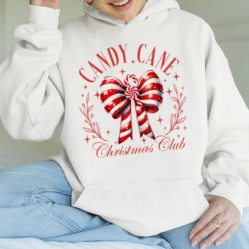 Festive Red Bow Christmas Hooded Sweatshirt, Candy Cane Christmas Club Hoodie, Comfy Holiday Graphic Sweater, Xmas Present for Her