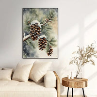 Watercolor Snowy Pine Branch Poster, Winter Pinecone Wall Art, Rustic Holiday Botanical Print, Christmas Evergreen Home Decor