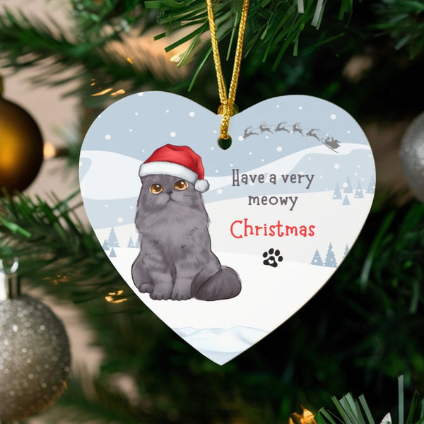 Ceramic Cat Lover Christmas Ornament, Meowy Christmas Gray Cat Heart Ornament, Adorable Pet Holiday Heart Ornament, Kitten Xm