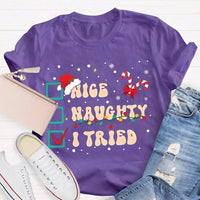 Humorous Family Christmas Holiday Shirt, Nice Naughty List Santa Hat Candy Cane T-Shirt, Christmas List Humor Tee, Adorable Christmas T-Shirt