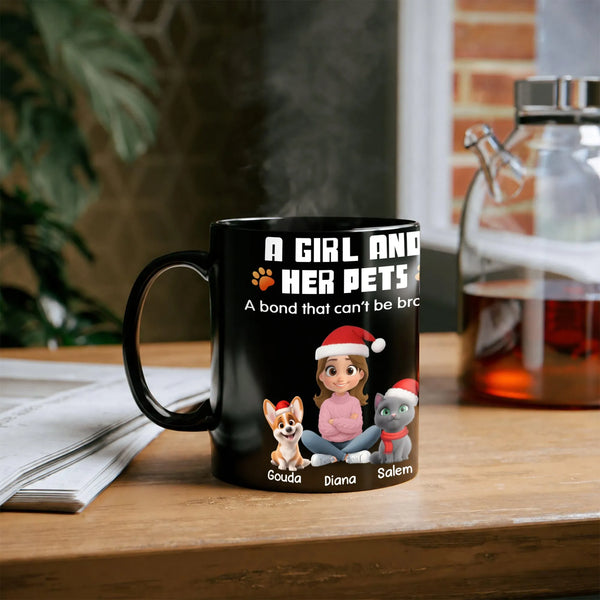 Custom Girl Dog Cat Holiday Mug, Personalized Pet Mom Christmas Mug, Winter Illustration Ceramic Cup, Adorable Present for Pe