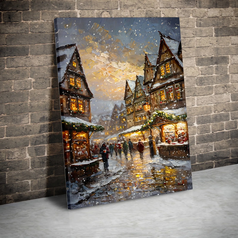 Snowy European Old Town Canvas Art, Christmas Market Canvas Print, Festive Winter Oil Painting Canvas, Comfy Holiday Wall Decor, Xmas Present