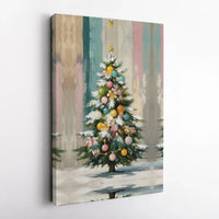 Whimsical Holiday Ornaments Print, Pastel Christmas Tree Canvas Wall Art, Festive Seasonal Digital Download, Winter Wonderland Home Decor