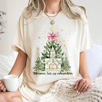 Watercolor Christmas Tree and Church Shirt, Oh Come Let Us Adore Him T-Shirt, Christian Holiday Graphic Tee, Faith Religious Present Shirt