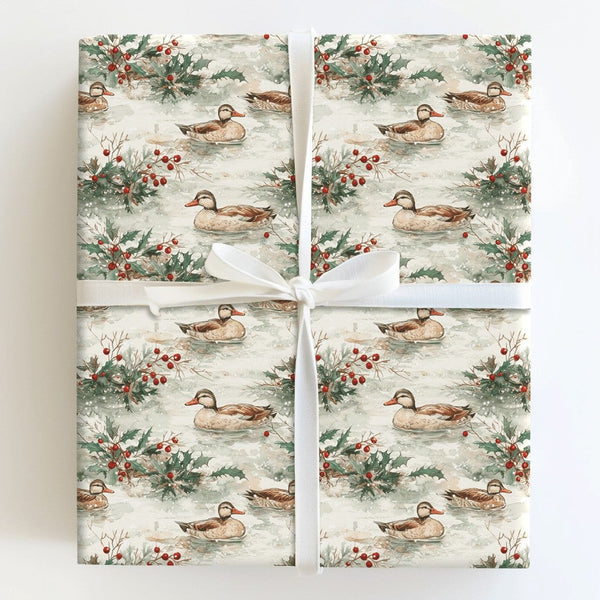 Winter Nature Christmas Gift Wrap, Watercolor Ducks Holly Wrapping Paper, Rustic Wildlife Holiday Paper, Festive Present Wrap