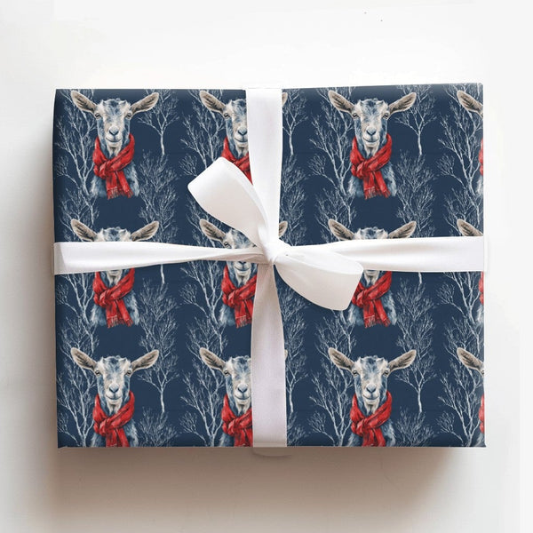 Navy Blue Red Scarf Holiday Gift Wrap, Winter Goat Christmas Wrapping Paper, Farm Animal Christmas Wrapping Paper, Festive Wi