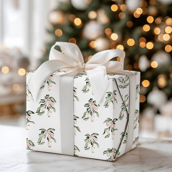 Pink Bow Holiday Gift Wrap, Watercolor Mistletoe Wrapping Paper, Botanical White Berry Wrapping Paper, Elegant Christmas Wint