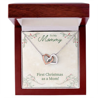 Cubic Zirconia Heart Pendant, First Christmas as A Mom Interlocking Hearts Necklace, Surgical Steel Holiday Keepsake Jewelry for New Mom