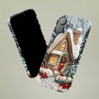 Snowy Winter Cabin Poinsettia iPhone Phone Case, Christmas Cottage Phone Case iPhone, 3D Holiday Tough Phone Cover, Xmas Present