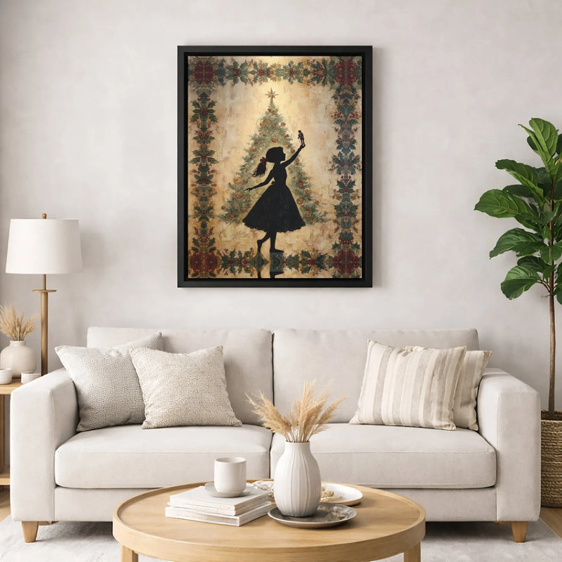 Vintage Girl Tree Canvas Print, Nutcracker Christmas Canvas Art, Festive Silhouette Canvas Decor, Christmas Wall Art, Holiday Canvas Art