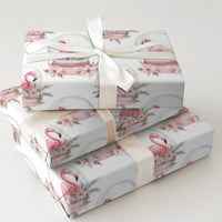 Tropical Christmas Gift Wrap, Snow Globe Flamingo Wrapping Paper, Watercolor Pink Poinsettia Present Paper, Winter Holiday Wrap Roll
