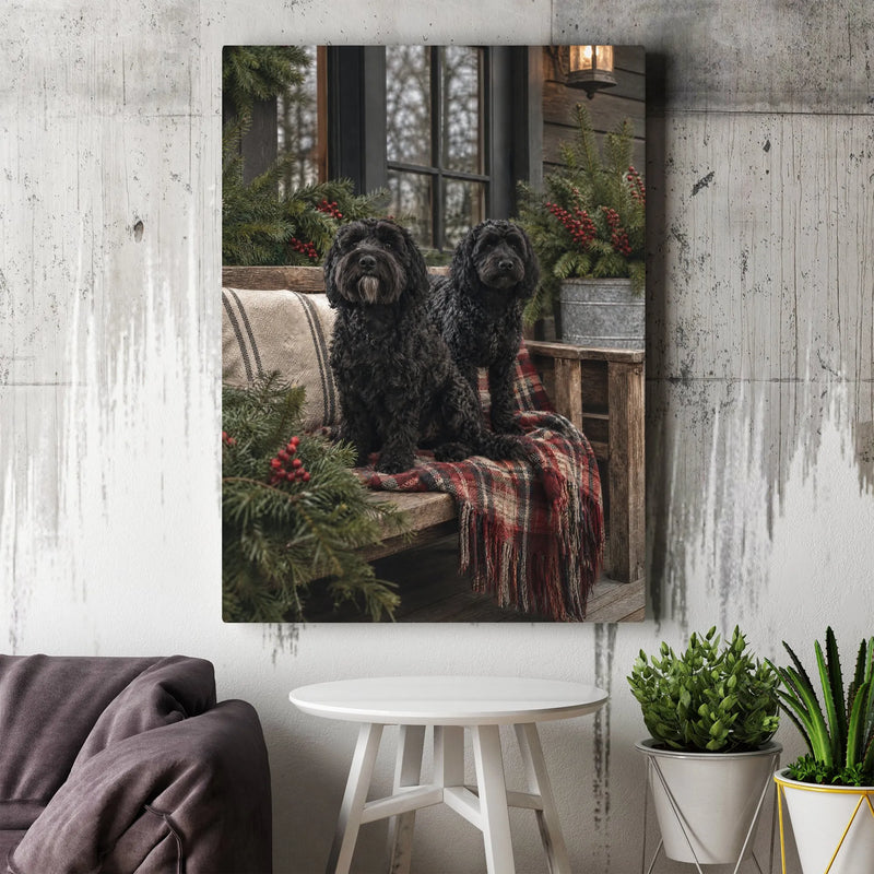 Holiday Doodle Dog Wall Art, Black Doodle Dogs Christmas Porch Canvas, Festive Plaid Farmhouse Canvas Print
