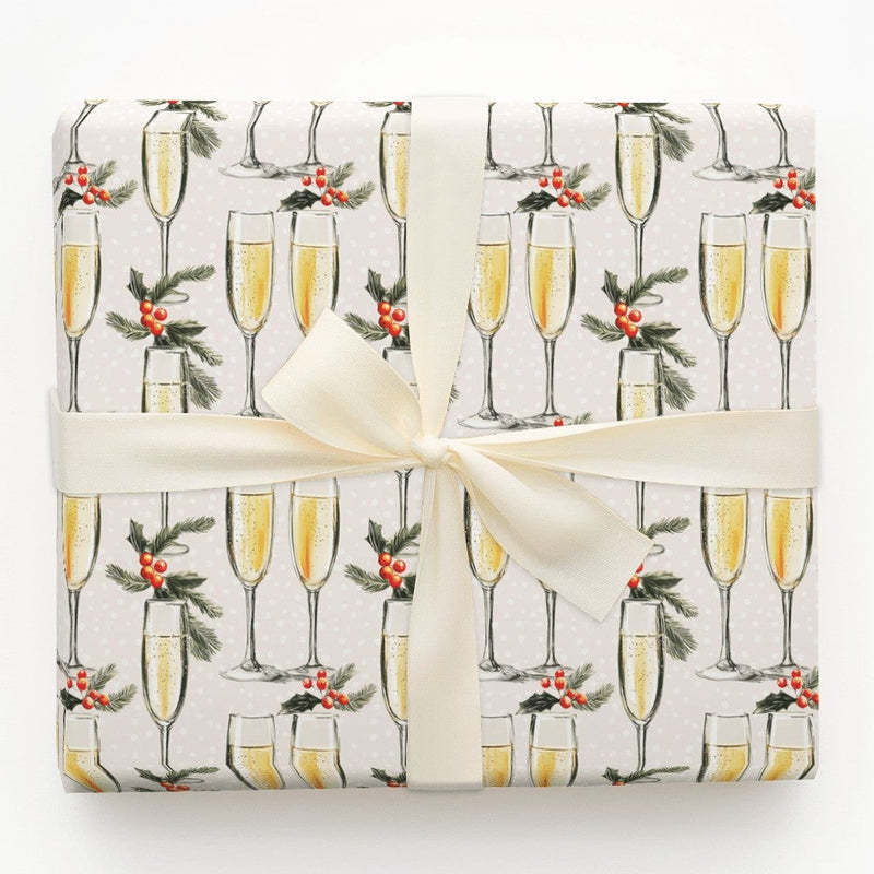 Holly and Pine Holiday Gift Wrap, Champagne Flute Wrapping Paper, New Years Eve Party Wrapping Paper, Christmas Celebration Gift Wrap
