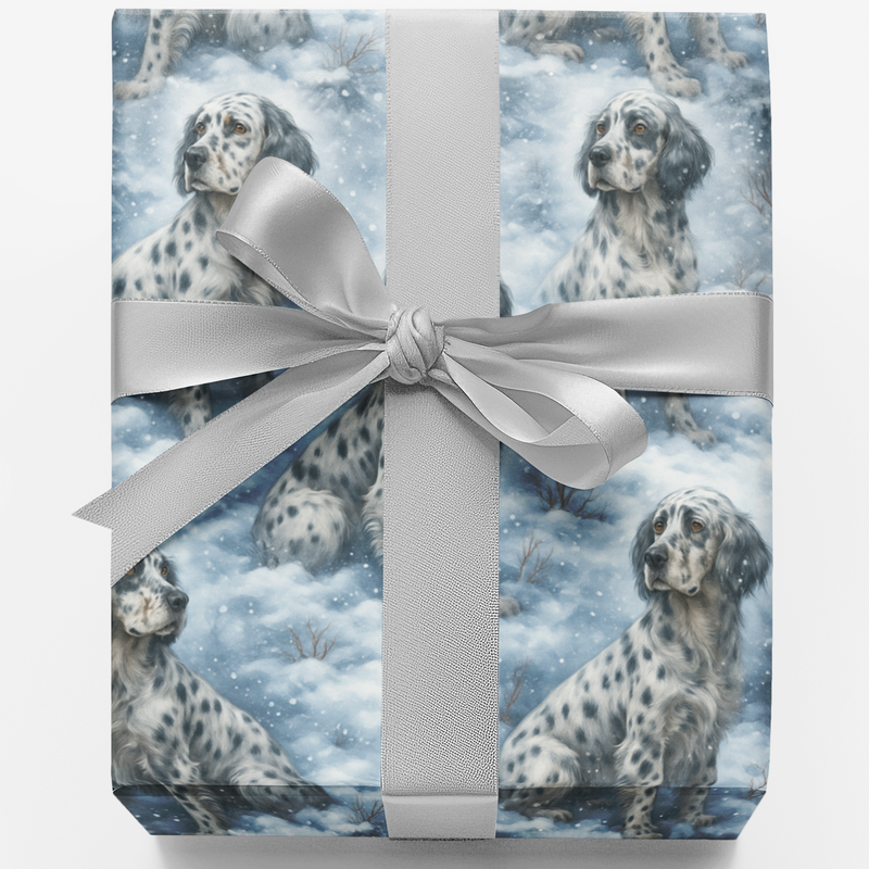 Christmas Dog Gift Wrap, English Setter Wrapping Paper, Snowy Spotted Pup Present Paper, Winter Pet Holiday Paper, Dog Lover Xmas Gift Wrap