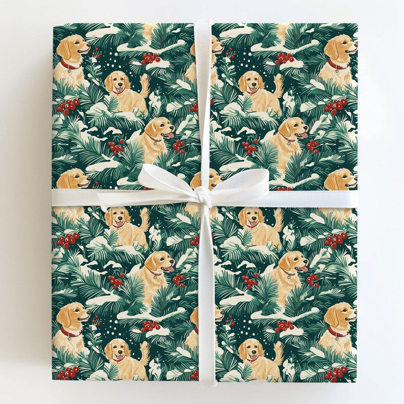 Snowy Pine Holly Dog Gift Wrap, Golden Retriever Wrapping Paper, Winter Dog Lover Holiday Wrapping Paper, Christmas Puppy Wrapping Paper