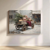 Rustic Winter Wagon Holiday Wall Art, Vintage Farmhouse Christmas Snow Canvas Art, Festive Snow Scene Decor, Holiday Farmhouse Canvas Print