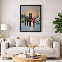 Girl and Black Horse Winter Scene, Christmas Horse Canvas Wall Art, Holiday Equestrian Canvas Print, Horse Lover Decor, Digital Download Art