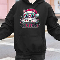 Santa Hat Cat Holiday Hoodie, Meowy Christmas Hoodie, Adorable Festive Kitten Hoodie, Humorous Cat Lover Xmas Graphic Hooded Sweatshirt Present