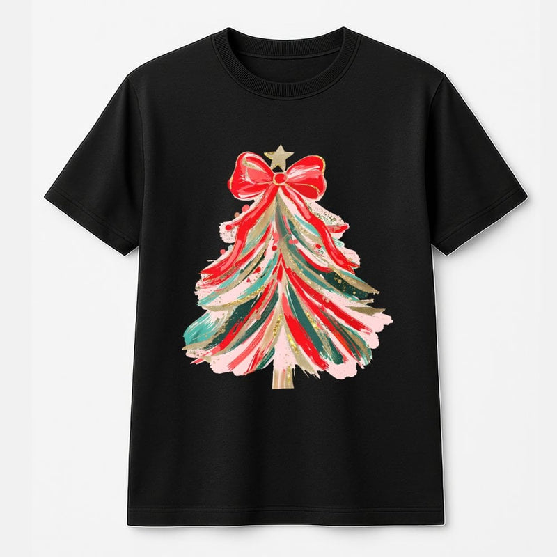 Abstract Painted Holiday Graphic Tee, Coquette Christmas Tree Shirt, Trendy Xmas Party T-Shirt, Festive Winter Graphic Top