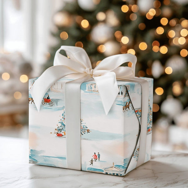 Winter City Christmas Gift Wrap, Horse Drawn Carriage Wrapping Paper, Watercolor Holiday Wrapping Paper, Vintage Festive Wrap