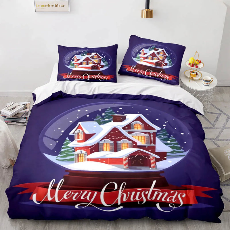 Festive Winter Holiday Bedding Set, Christmas Snow Globe Duvet Cover Set, 3D Holiday Quilt Cover, Xmas Bedroom Decor Present