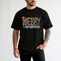 Trendy Holiday Graphic T-Shirt, Merry Christmas Leopard Print T-Shirt, Festive Winter Animal Print Shirt, Adorable Xmas Season Graphic T-Shirt