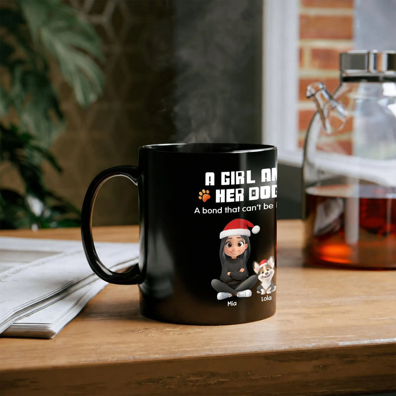 Adorable Holiday Dog Mom Coffee Mug, Girl and Her Dog Christmas Mug, 11oz 15oz Ceramic Xmas Coffee Cup, Winter Pet Lover Present for Her