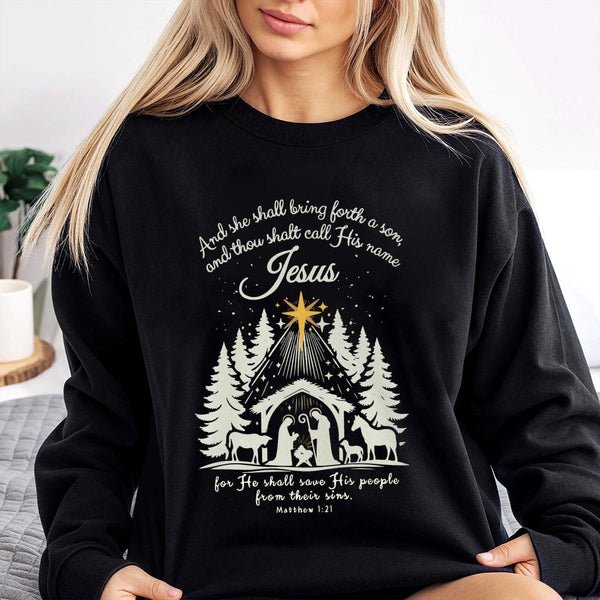 Matthew 1:21 Bible Verse Crewneck, Nativity Scene Sweatshirt, Christian Christmas Sweater, Religious Holiday Pullover, Faith 