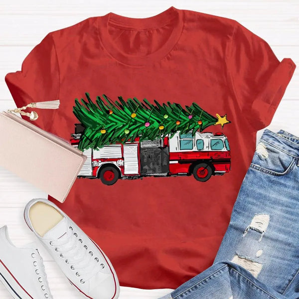 Retro Red Truck Holiday Graphic Tee, Vintage Christmas Tree Truck T-Shirt, Merry Christmas Winter Shirt, Xmas Present for Men