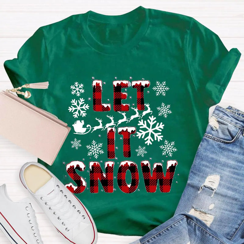 Red Plaid Teacher T-Shirt, Let It Snow Teacher Shirt, Christmas Teacher Tee, Festive Holiday Graphic T-Shirt, Winter Break Teacher Present