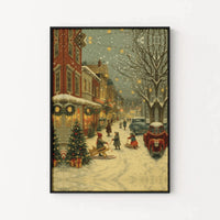 Snowy Holiday Town Wall Poster, Vintage Christmas Street Scene Poster, Festive Winter Lights Art Print, Xmas Home Wall Decor