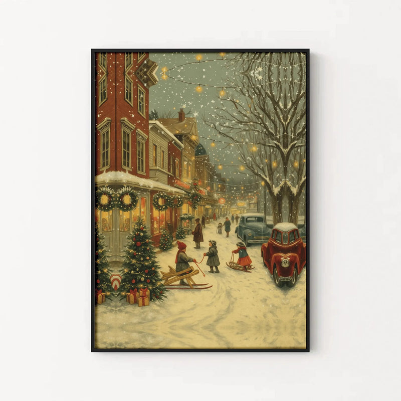 Snowy Christmas Village Wall Art, Vintage Christmas Street Scene Poster, Retro Holiday Town Print, Comfy Christmas Poster, Digital Download