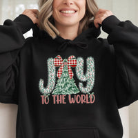 Christmas Tree Plaid Bow Hooded Sweatshirt, Joy to the World Hoodie, Christian Holiday Pullover, Festive Xmas Hoodie, Winter Holiday Present